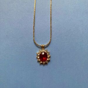 Vintage Gold and Red Necklace with Sunburst Pendant